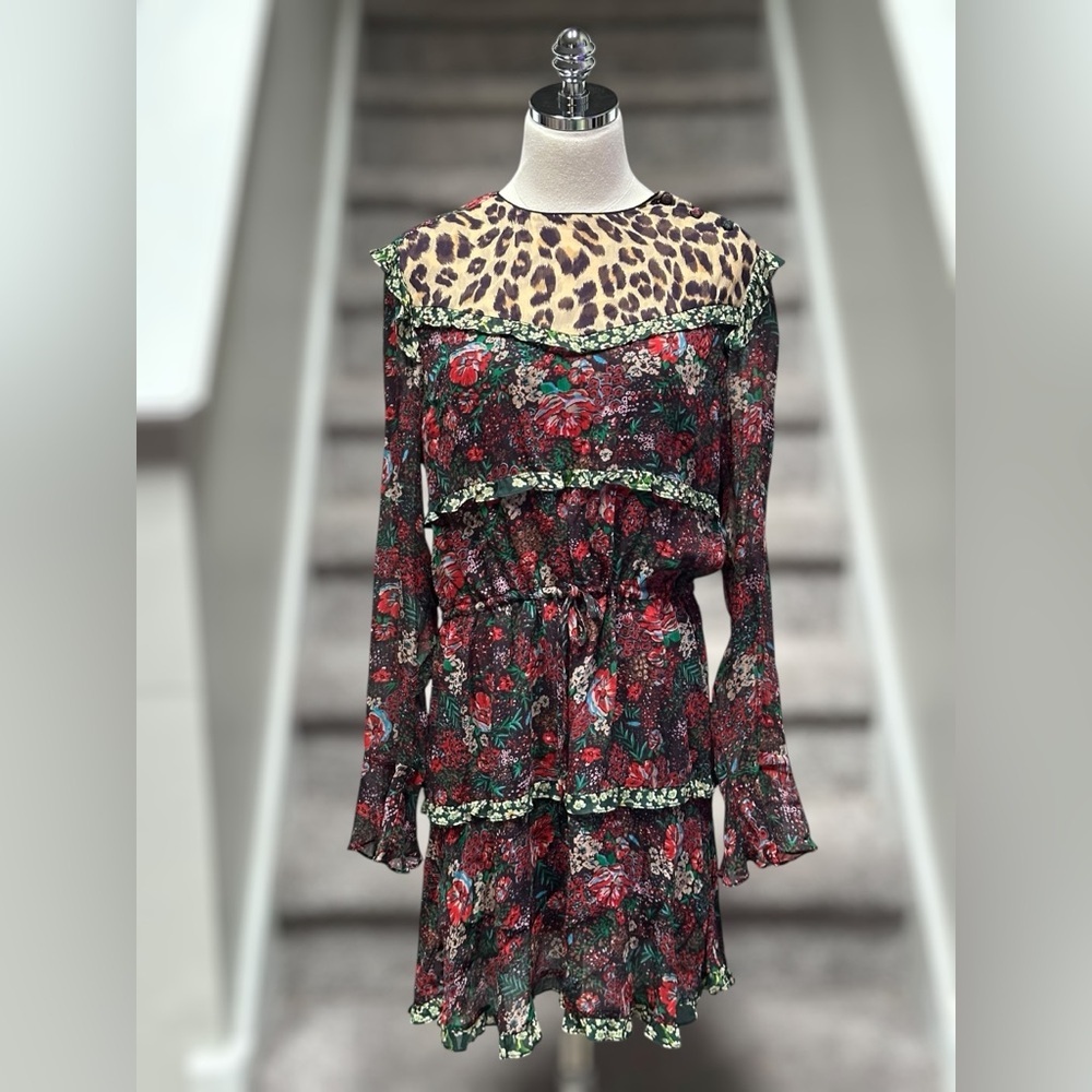Anthropologie Scotch & Soda Leopard & Lillies Floral Long Sleeve Mini Dress Chic - Picture 6 of 16
